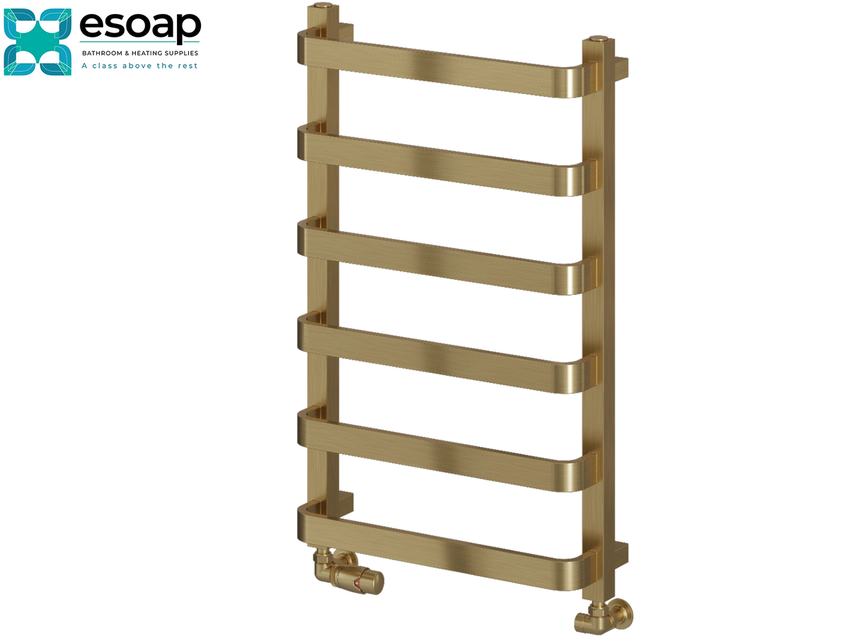 A brass-colored heated towel rail with six horizontal bars and two bottom valves, shown on a plain white background with the Esoap logo in the top-left corner Reina Flora 800x500 Brushed Brass Designer Radiator