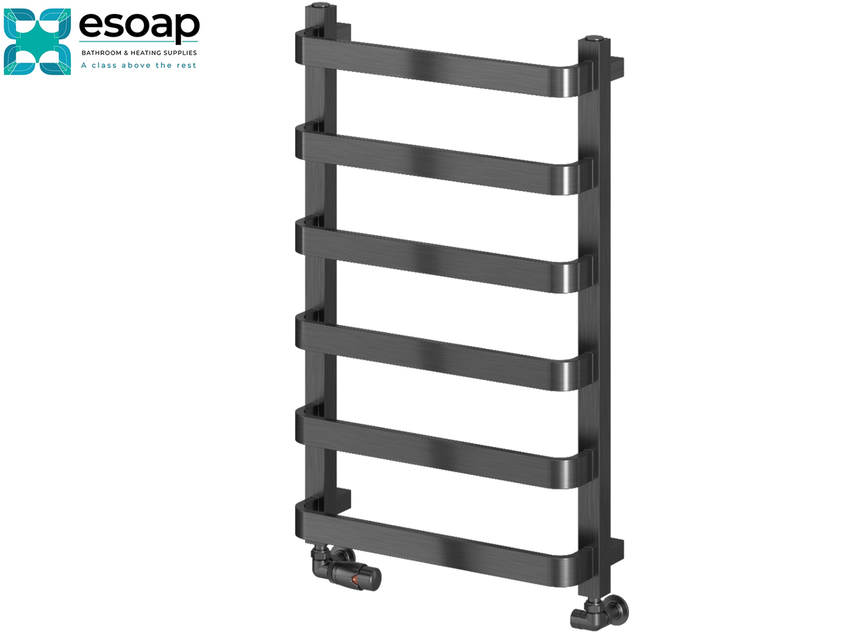 A dark gray heated towel rail with six horizontal bars and a black finish, shown on a plain white background with the Esoap logo in the top-left corner 800x500 Brushed Gun Metal Designer Radiator