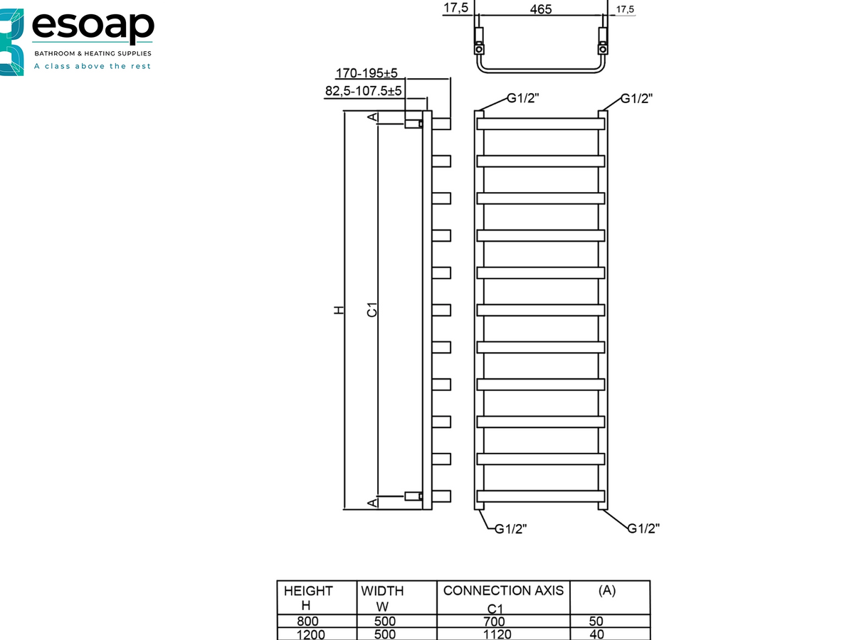 Technical dimension drawing of a wall-mounted radiator or heat exchanger coil, showing front and side views with measurements, plus a small specification table at the bottom. The Resoap logo appears in the upper left Reina Flora Designer Radiator