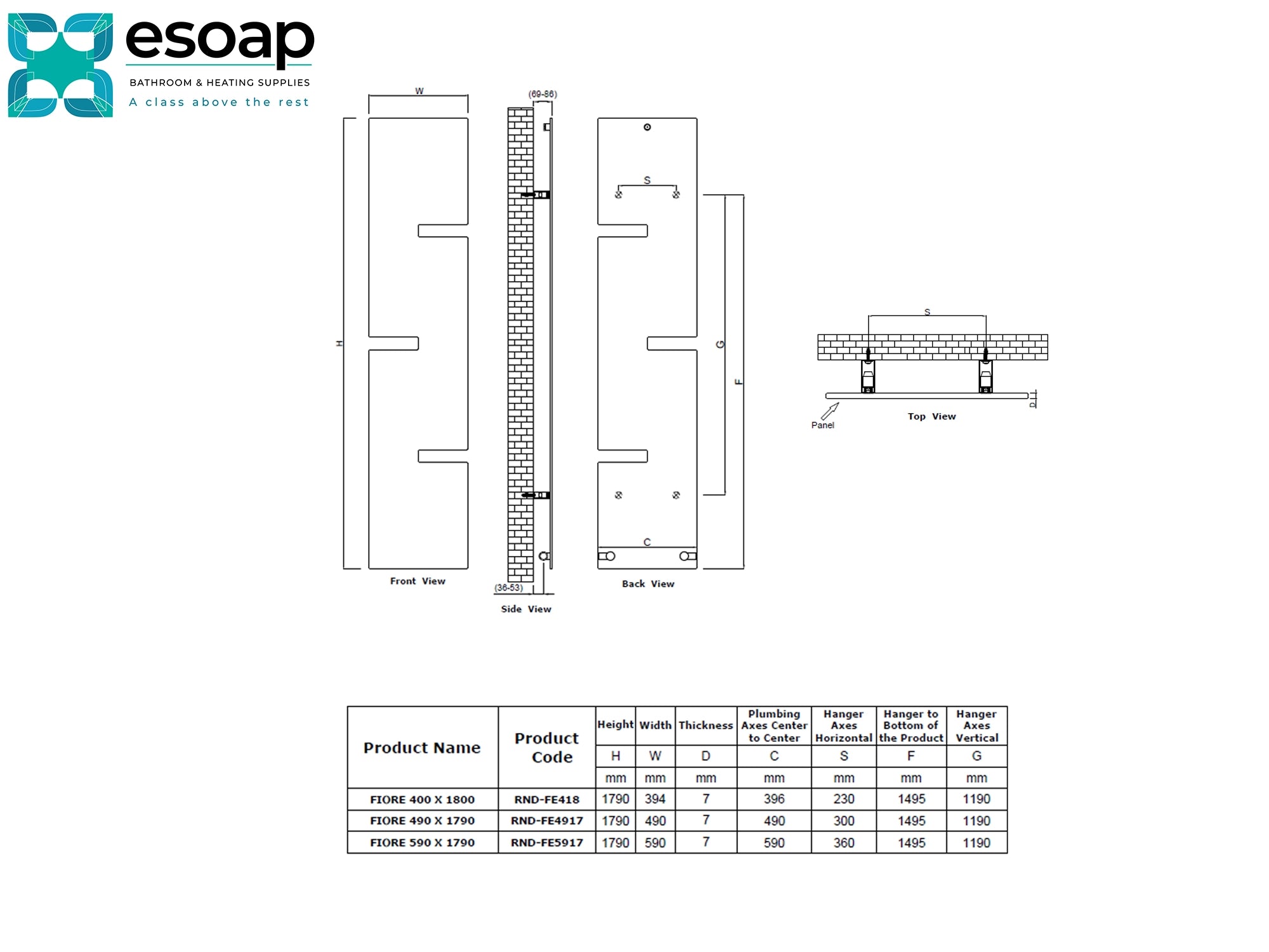 Technical drawing and specifications of a shower panel with Esoap branding.