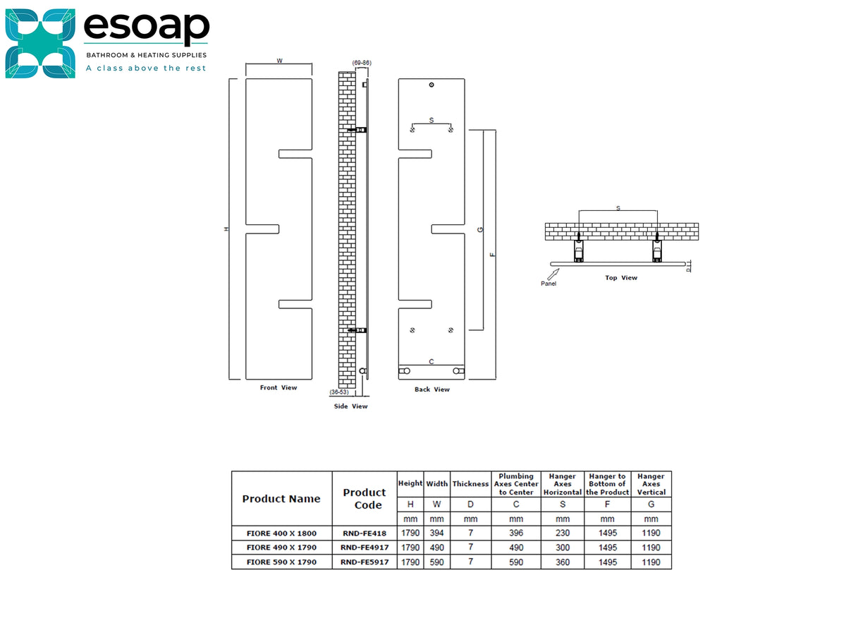 Technical specification sheet for Esoap wall panels, showing front and side views, a cross-section diagram, and a product data table with dimensions and thickness details Reina Fiore Designer Radiator