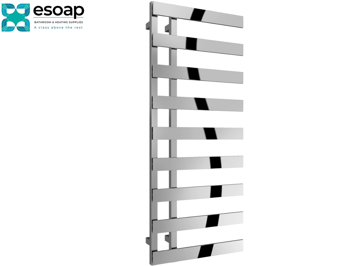 A modern stainless steel heated towel rail with horizontal bars, shown on a plain white background with the Esoap brand logo in the top-left corner Reina Florina 1235x500 Chrome Designer Radiator
