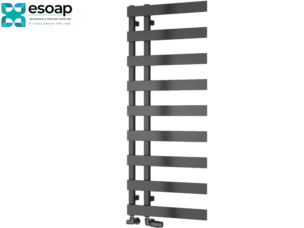 A dark gray heated towel rail with horizontal bars and a vertical support frame, shown on a plain white background with the Esoap logo in the top-left corner Reina Florina 1235x500 Brushed Gun Metal Designer Radiator