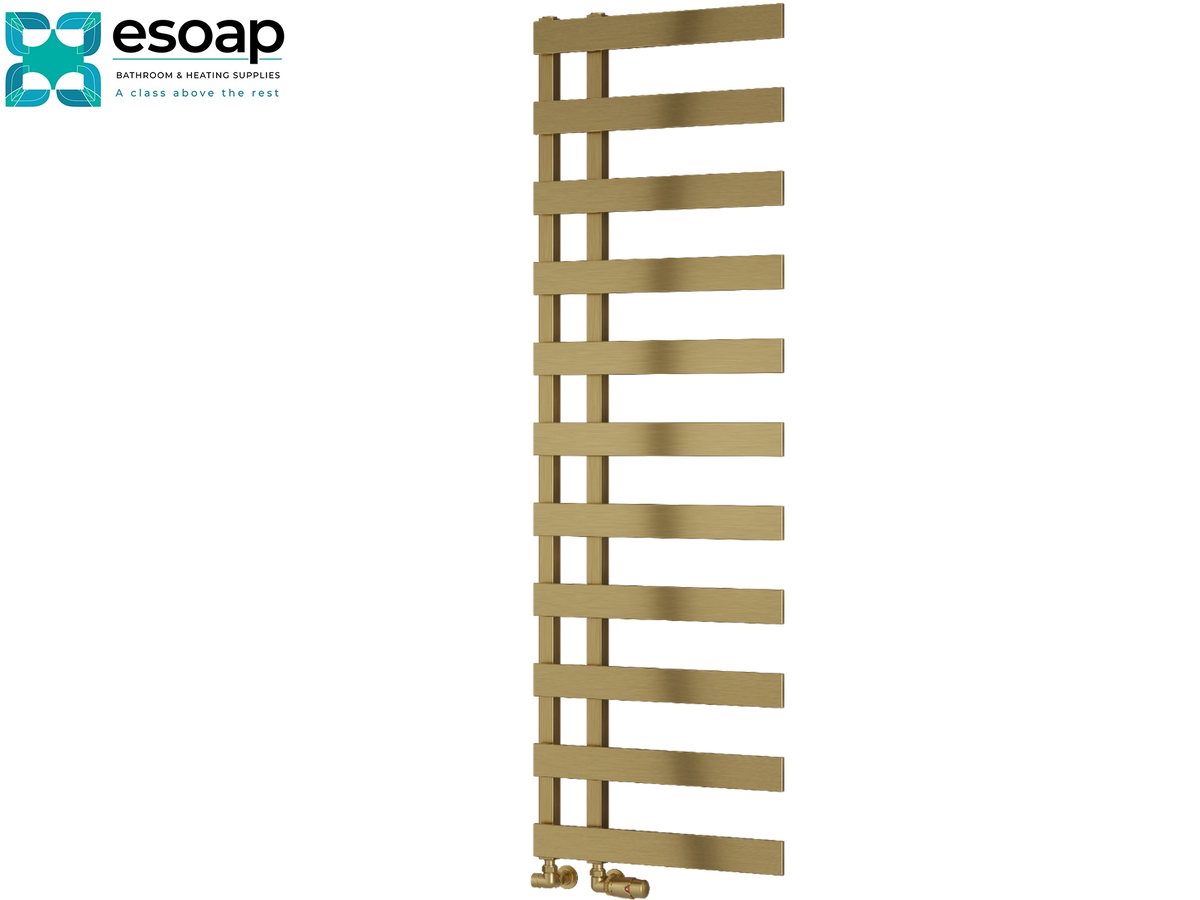A vertical gold-finished heated towel rail with horizontal bars, shown on a plain white background with the Esoap logo in the top-left corner Reina Florina 1525x500 Brushed Brass Designer Radiator