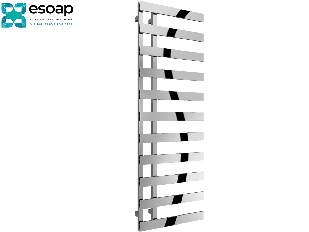 A tall, modern heated towel rail with a polished silver/chrome finish, featuring alternating horizontal bars with black accents. The Esoap brand logo is visible in the top-left corner on a plain white background Reina Florina 1525x500 Chrome Designer Radiator