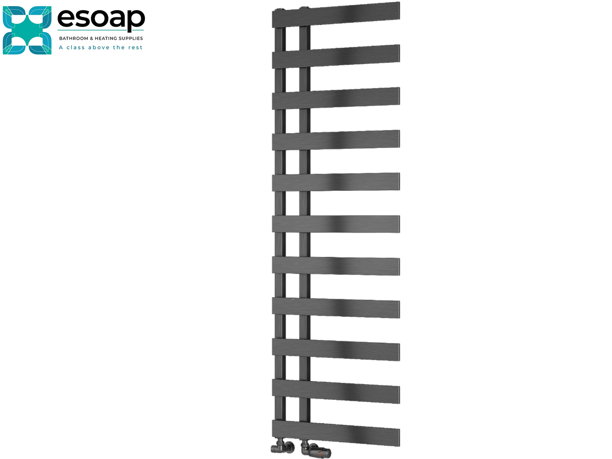 Reina Florina 1525x500 Brushed Gun Metal Designer Radiator with a Esoap logo in top corner