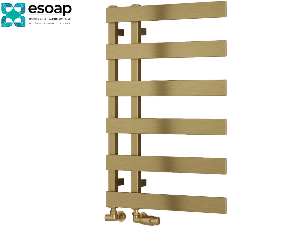 A gold-finished heated towel rail with five horizontal bars and brass valve connectors at the bottom, shown on a plain white background with the Esoap logo in the top-left corner Reina Florina 800x500 Brushed Brass Designer Radiator