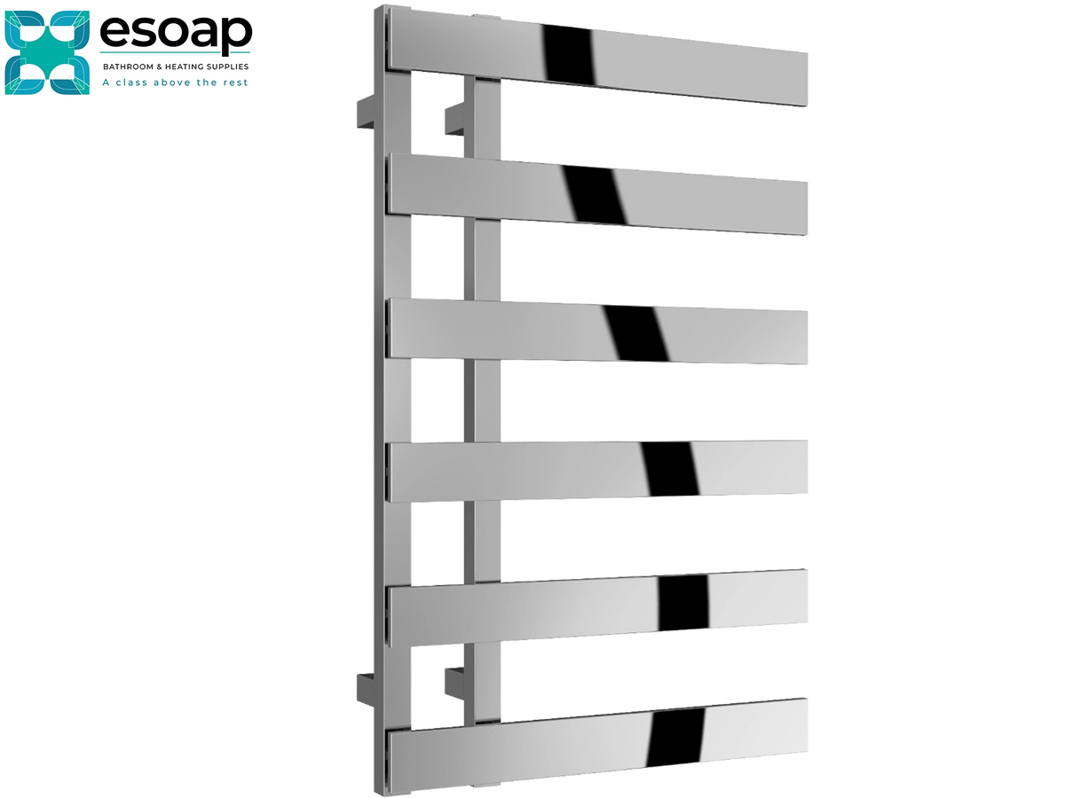 A modern chrome heated towel rail with six horizontal bars, shown against a plain white background with the Esoap brand logo in the top-left corner Reina Florina 800x500 Chrome Designer Radiator