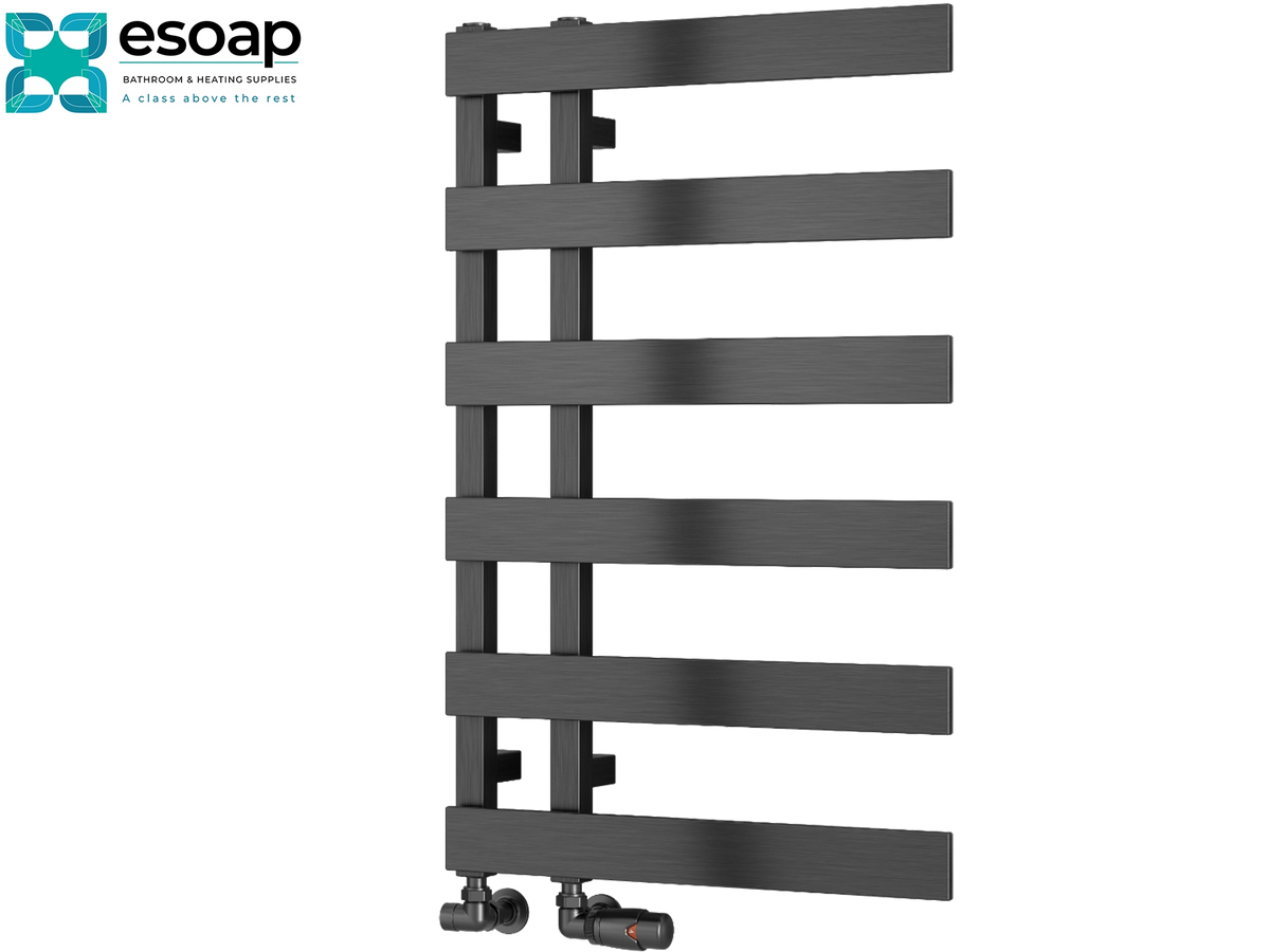 A dark gray heated towel rail with horizontal bars, shown on a white background with the Esoap logo in the top-left corner Reina Florina 800x500 Brushed Gun Metal Designer Radiator