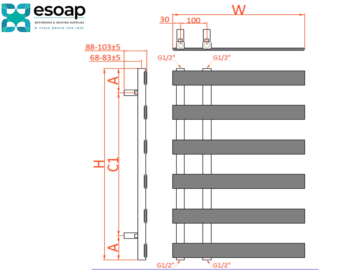 Technical dimension drawing of a rectangular metal plate or panel with multiple bolt holes, showing side and front views with red measurement lines and labels on a white background. The Esoap brand logo appears in the top left Reina Florina Designer Radiator
