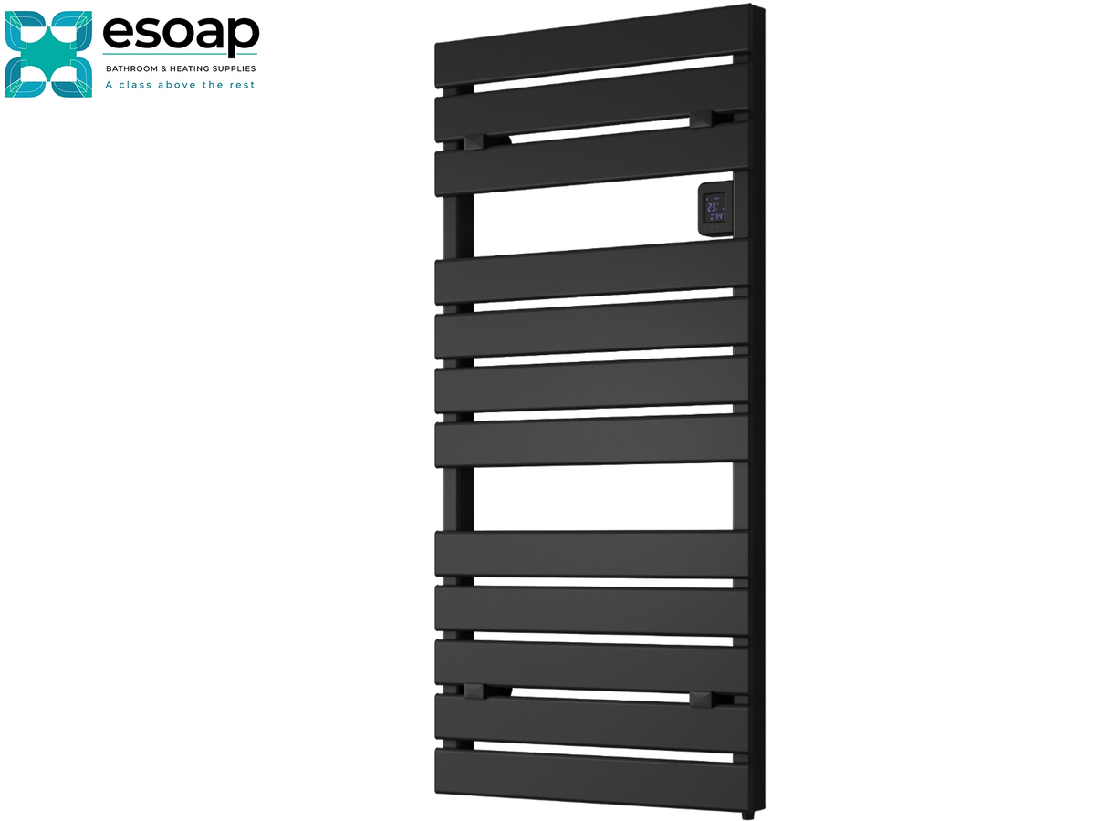 A tall, modern black heated towel rail with horizontal bars and a small digital control panel on the right side, shown on a plain white background with the Esoap logo in the top-left corner. Reina Gia 1120x550 Black Designer Radiator