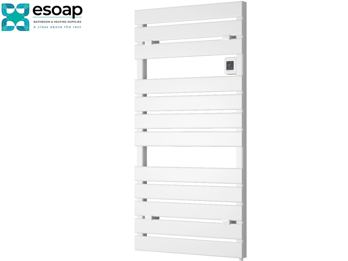 White heated towel rail with horizontal slats and a small digital control panel, shown on a plain white background with the Esoap logo in the top-left corner.Reina Gia 1120x550 White Designer Radiator