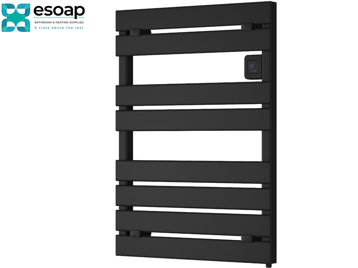 A black heated towel radiator with horizontal bars and a small digital control panel on the right side, shown on a white background with the Esoap logo in the top-left corner. Reina Gia 780x550 Black Designer Radiator