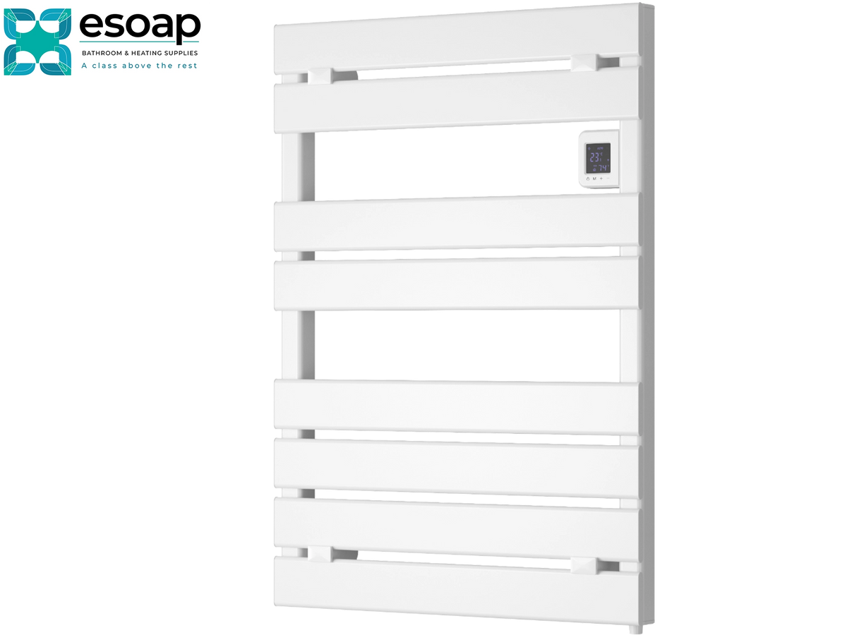 White heated towel rail with a digital control panel on the right side, shown against a plain white background with the Esoap logo in the top-left corner. Reina Gia 780x550 White Designer Radiator