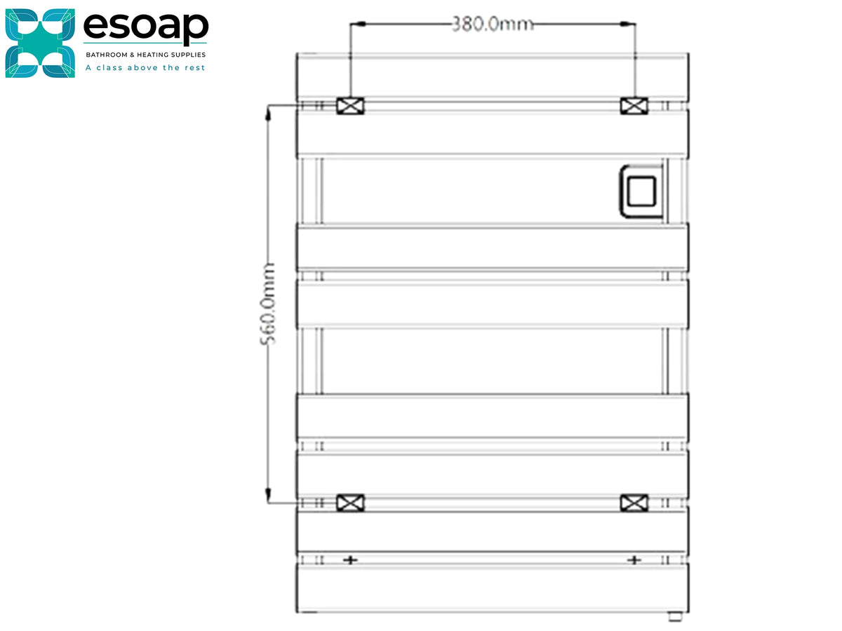 Technical dimension drawing of a tall stack of rectangular containers or trays, with measurements labeled 380.0mm width and 560. Reina Gia 780x550 White  Black Designer Radiator