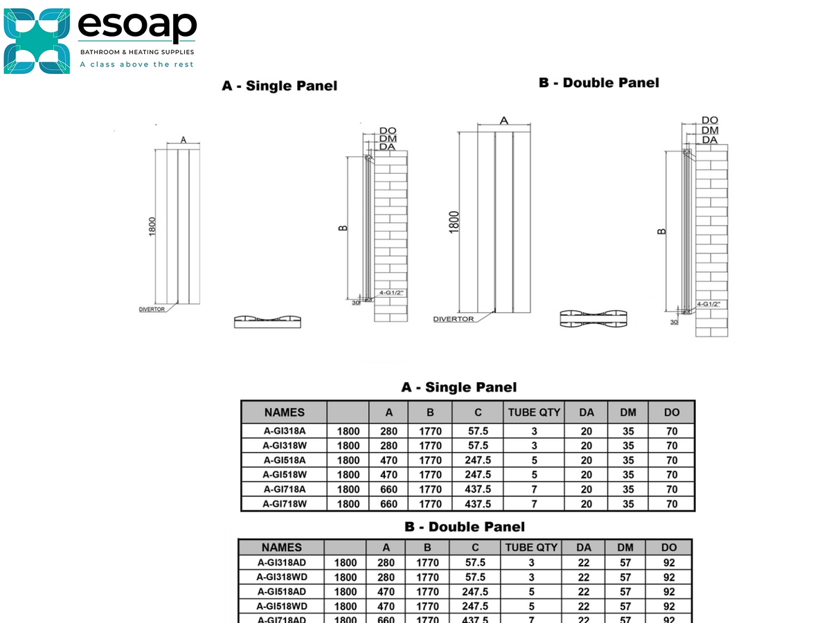 A technical specification sheet and measurement chart from esoop showing diagrams for single and double panel configurations with labeled dimensions and a tabular size reference. Reina Gio Double Single Designer Radiator
