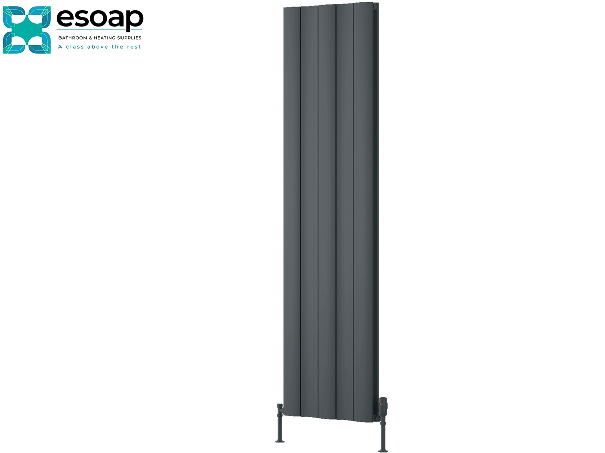 A tall, narrow dark gray panel radiator shown against a plain white background, with the Esoap logo in the top-left corner. Reina Gio Double 1800x470 Anthracite Designer Radiator