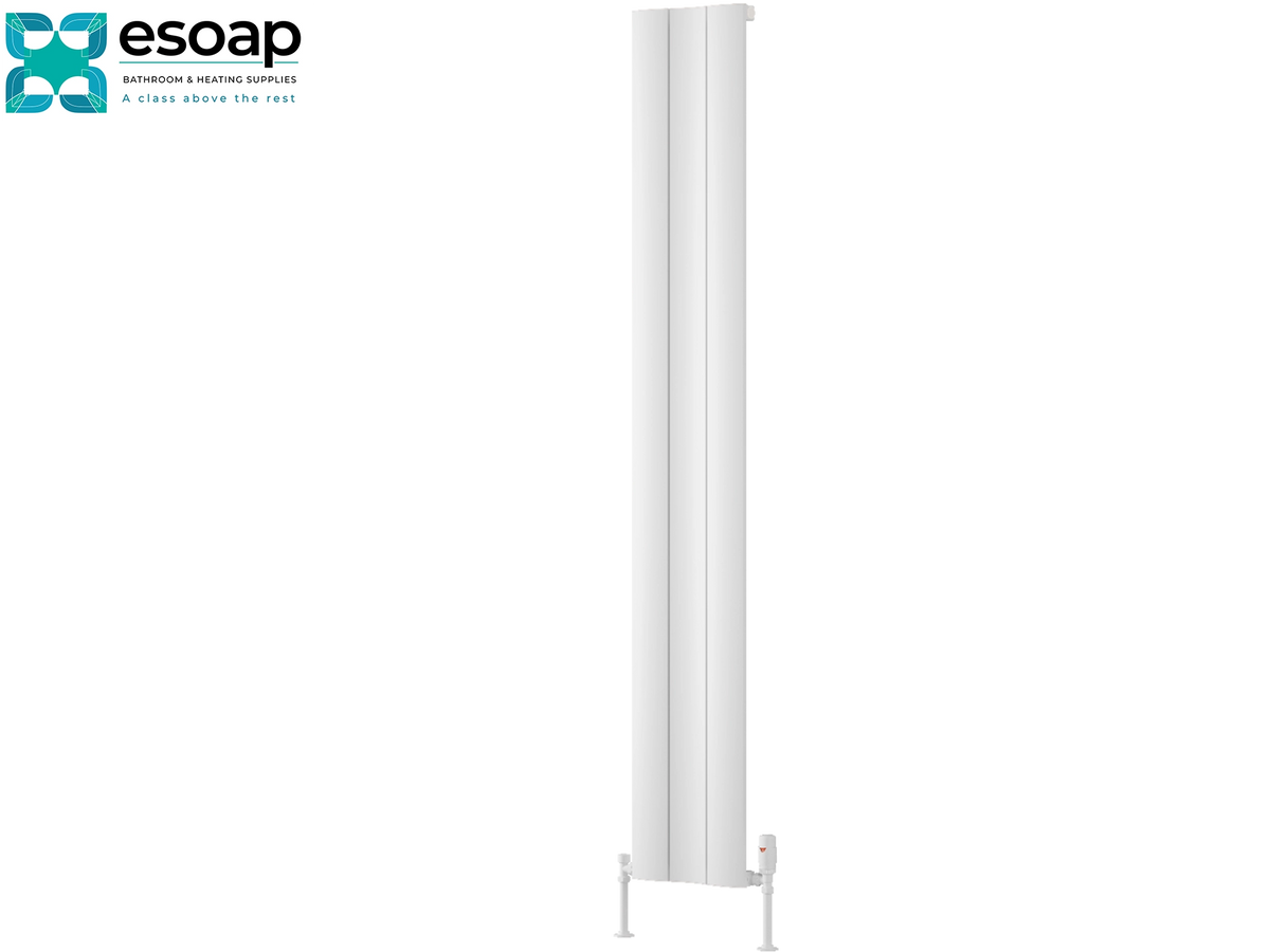 A tall, slim white vertical panel radiator shown on a plain white background, with the Esoap brand logo in the top-left corner. Reina Gio Single 1800x280 White Designer Radiator