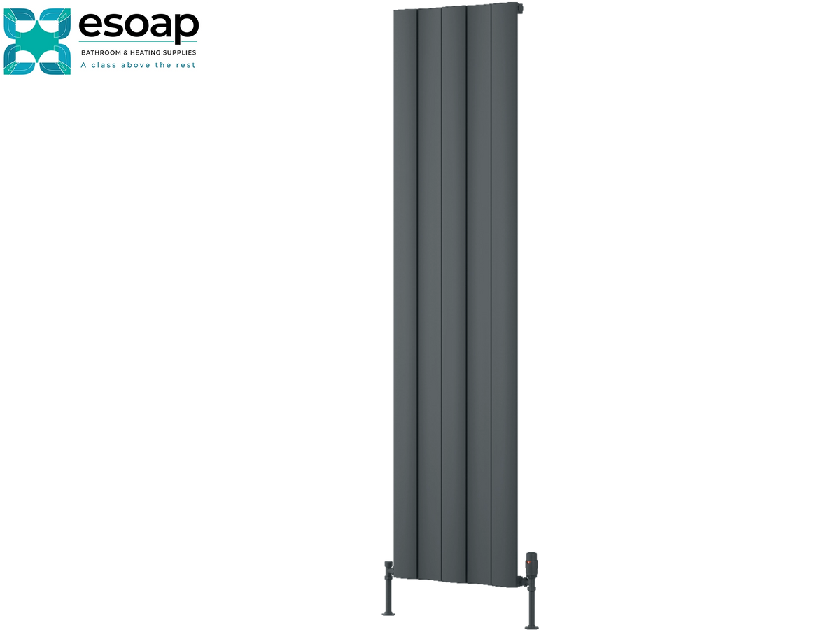 A tall, dark gray vertical panel radiator shown against a plain white background, with the Esoap brand logo in the top-left corner. Reina Gio Single 1800x470 Anthracite Designer Radiator