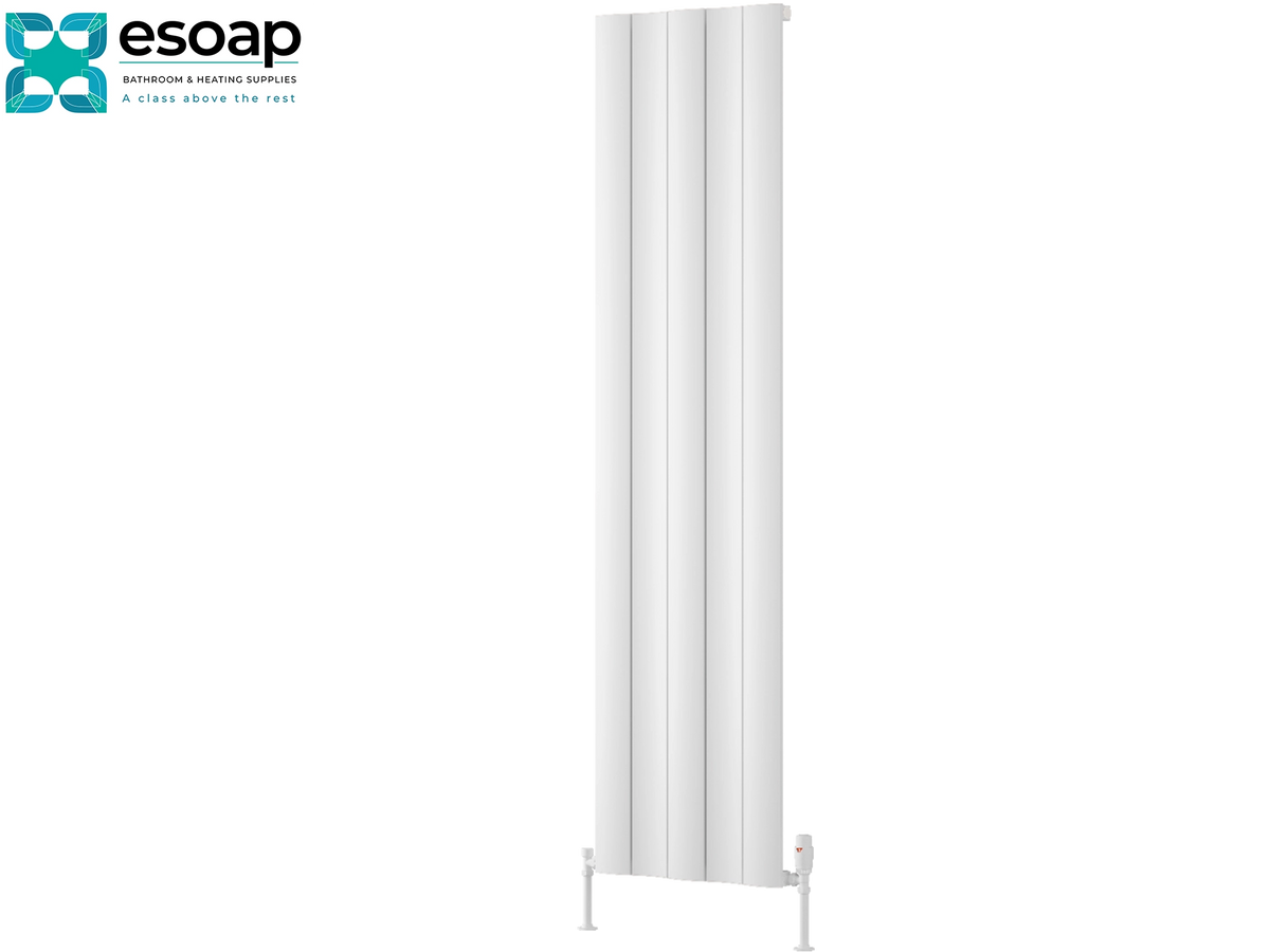 A tall white vertical panel radiator shown on a plain white background, with the Esoap brand logo in the top-left corner. Reina Gio Single 1800x470 White Designer Radiator

