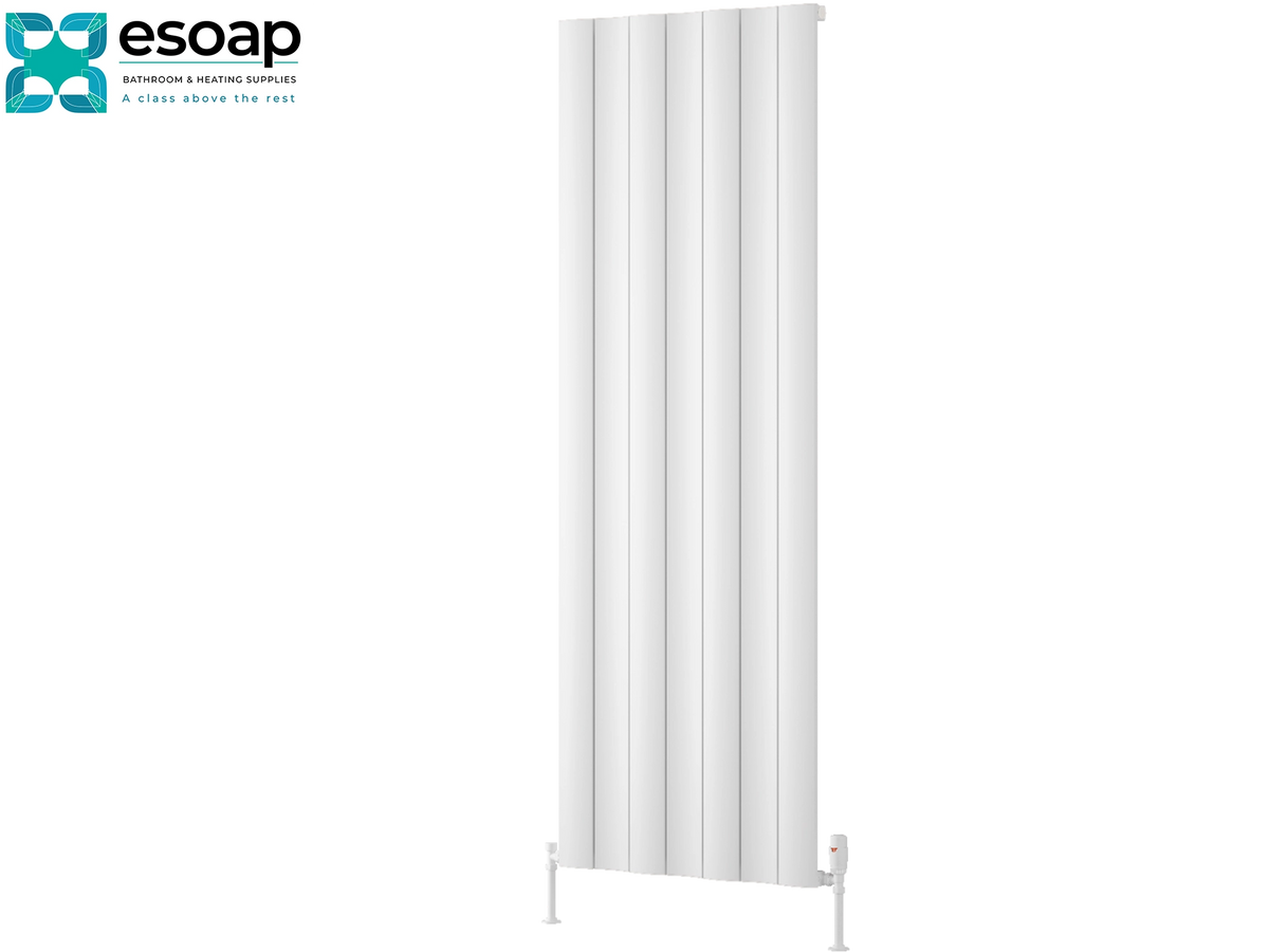 A tall white vertical panel radiator shown on a plain white background, with the Esoap brand logo in the top-left corner. Reina Gio Single 1800x660 White Designer Radiator