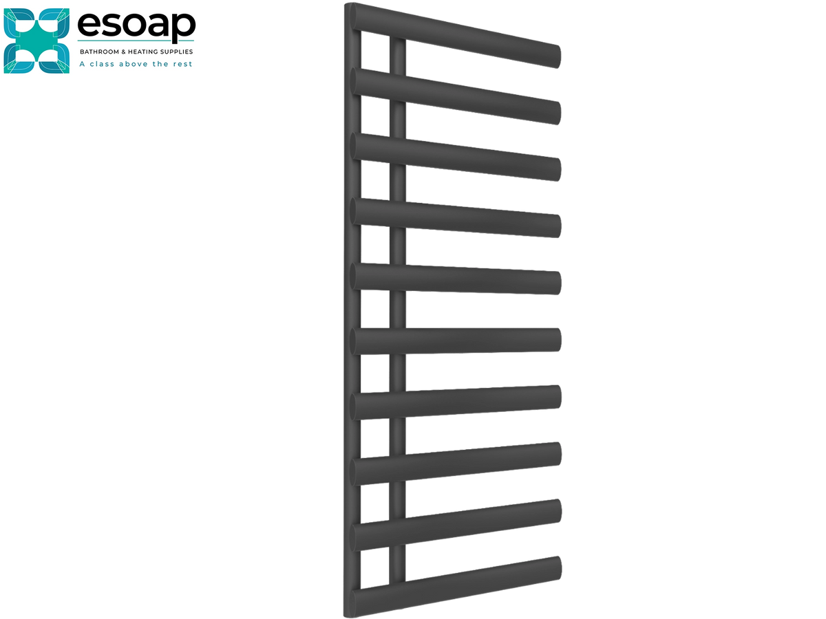 A dark gray vertical heated towel rail with horizontal bars, shown on a plain white background with the Esoap brand logo in the top-left corner Reina Grace 1140x500 Anthracite Designer Radiator