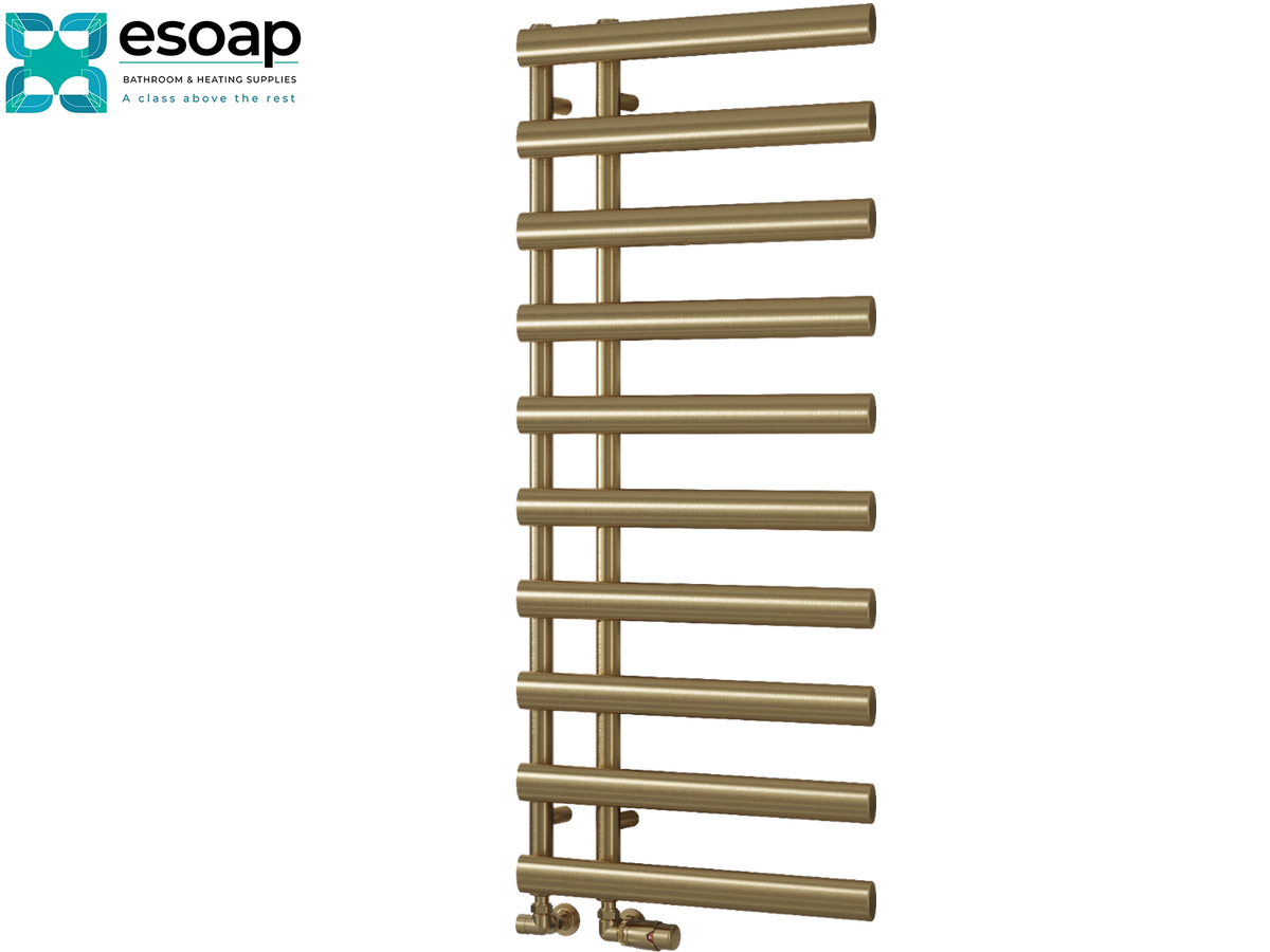 A vertical brass heated towel rail with horizontal bars, shown on a plain white background with the Esoap logo in the top-left corner Reina Grace 1140x500 Brushed Brass Designer Radiator