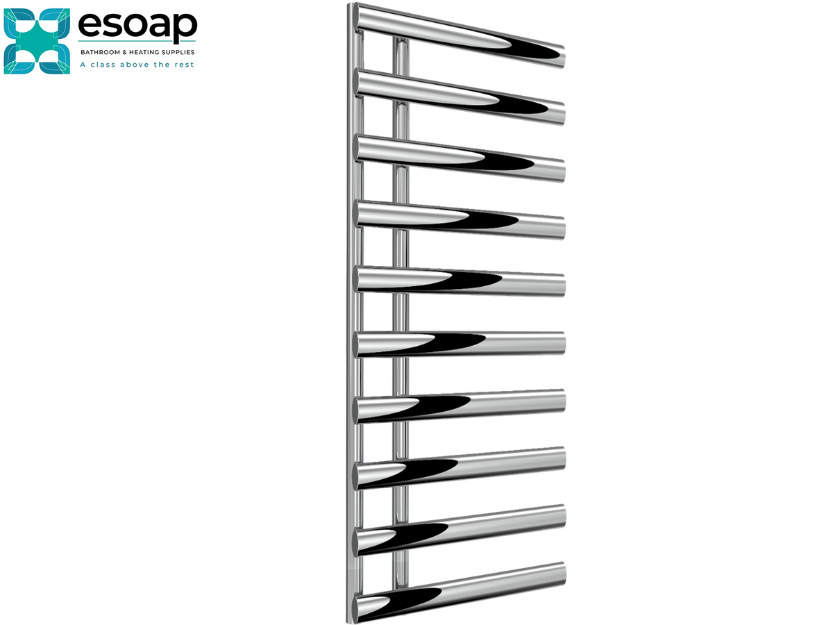 A modern chrome towel rail with a vertical frame and multiple horizontal bars, shown on a plain white background with the Esoap brand logo in the top-left corner Reina Grace 1140x500 Chrome Designer Radiator