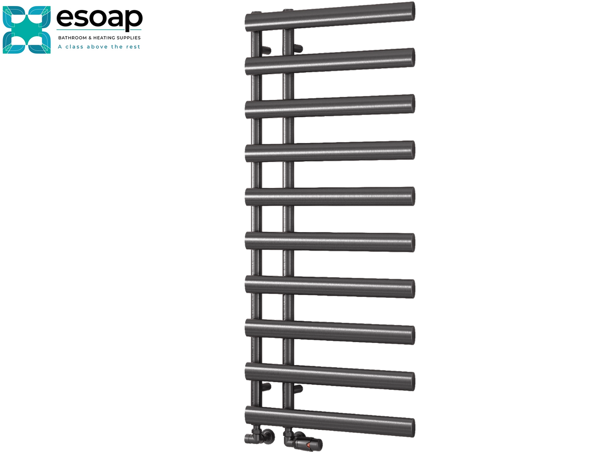 A tall, modern dark gray heated towel rail with horizontal bars, shown on a plain white background with the Esoap logo in the top-left corner Reina Grace 1140x500 Brushed Gun Metal Designer Radiator