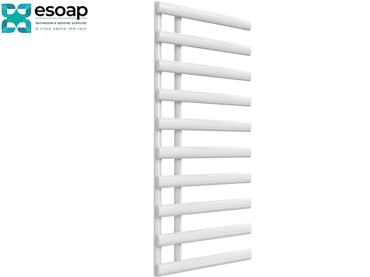 A white heated towel rail with horizontal bars, shown on a plain white background with the Esoap brand logo in the top-left corner Reina Grace 1140x500 White Designer Radiator