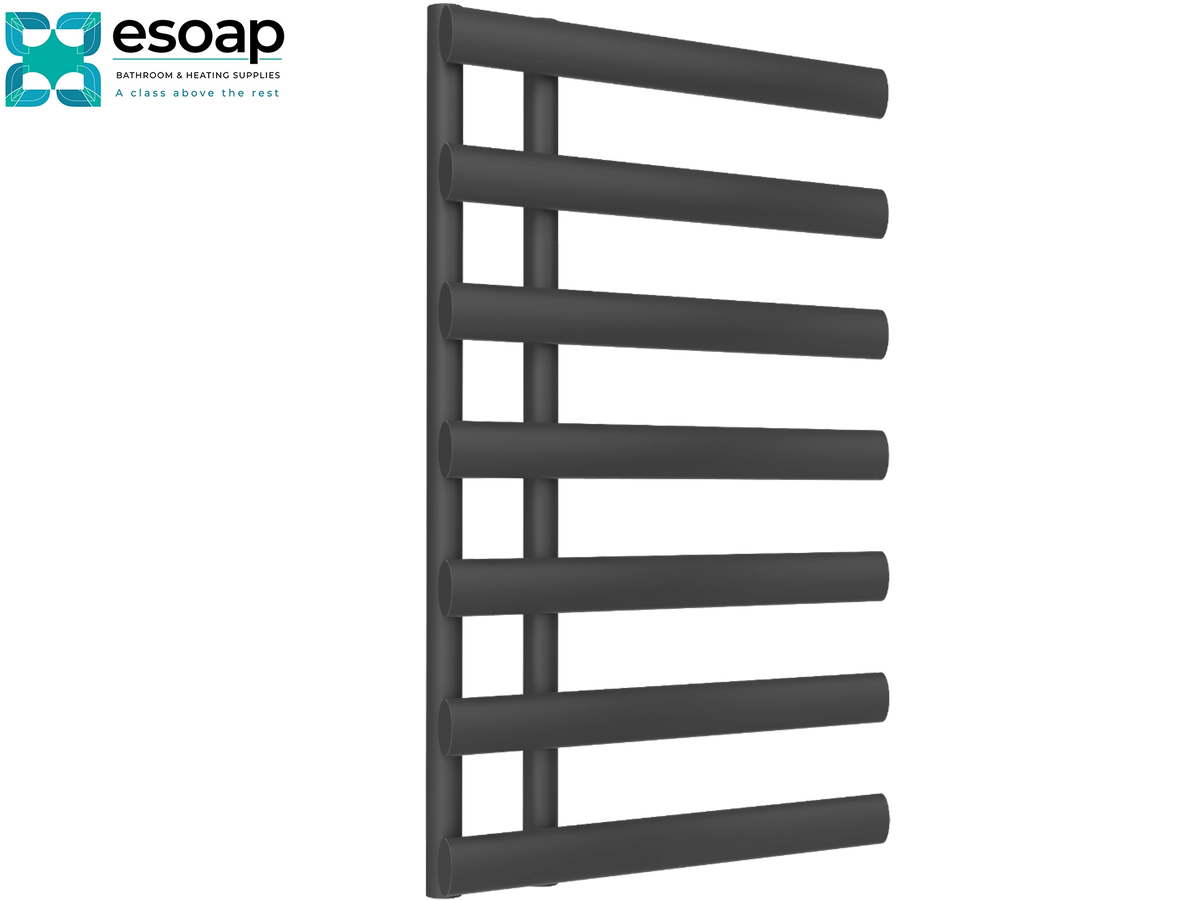 A dark gray heated towel rail with eight horizontal bars, shown against a plain white background with the Esoap logo in the top-left corner Reina Grace 780x500 Anthracite Designer Radiator Designer Radiator