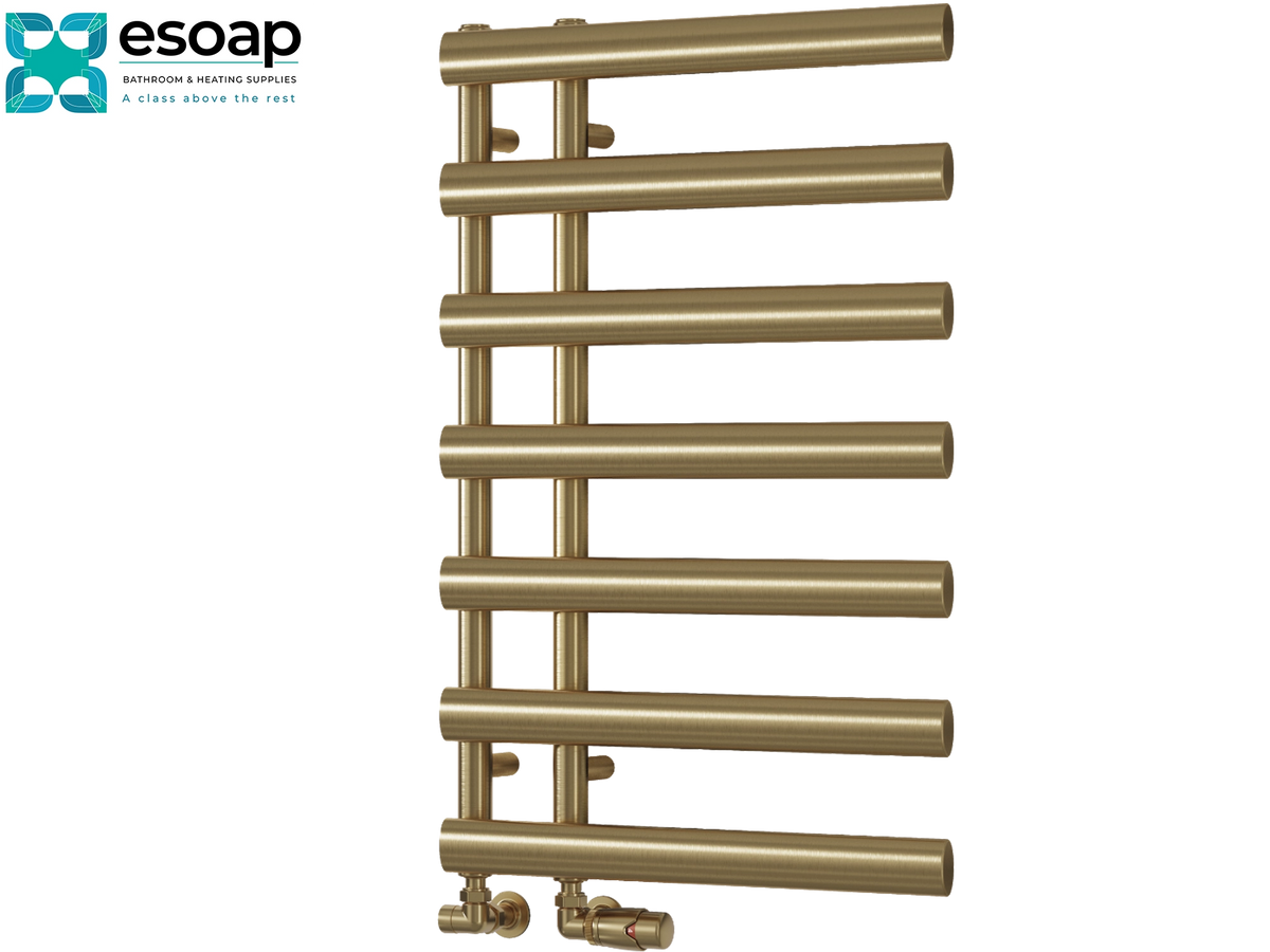 A brass-colored heated towel rail radiator with six horizontal bars, shown on a plain white background with the Esoap logo in the top-left corner Reina Grace 780x500 Brushed Brass Designer Radiator