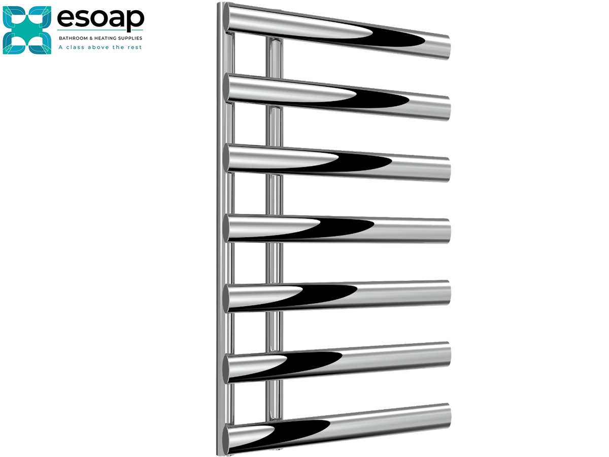 A polished chrome towel radiator with eight horizontal bars, shown against a plain white background with the Esoap brand logo in the top-left corner Reina Grace 780x500 Chrome Designer Radiator