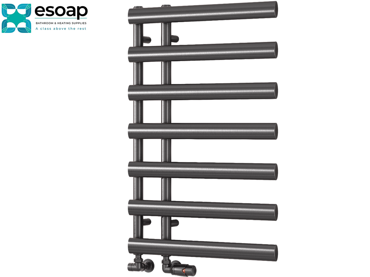 A dark gray heated towel rail with horizontal bars, shown on a plain white background with the Esoap brand logo in the top-left corner Reina Grace 780x500 Brushed Gun Metal Designer Radiator