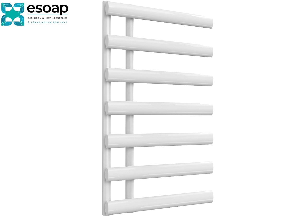 White heated towel rail with eight horizontal bars, shown on a plain white background with the Esoap logo in the top-left corner Reina Grace 780x500 White Designer Radiator