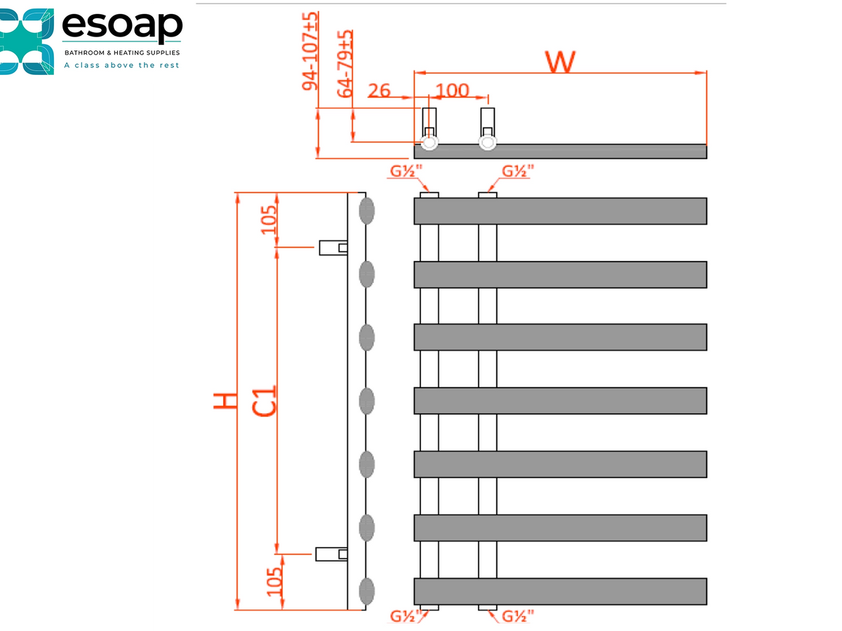 A technical dimension diagram of a metal finned tube heat exchanger, showing side and top-down measurements with labels such as H, W, C1, and G 1/2" on a white background. The Esoap brand logo is visible in the top left corner Reina Grace Designer Radiator