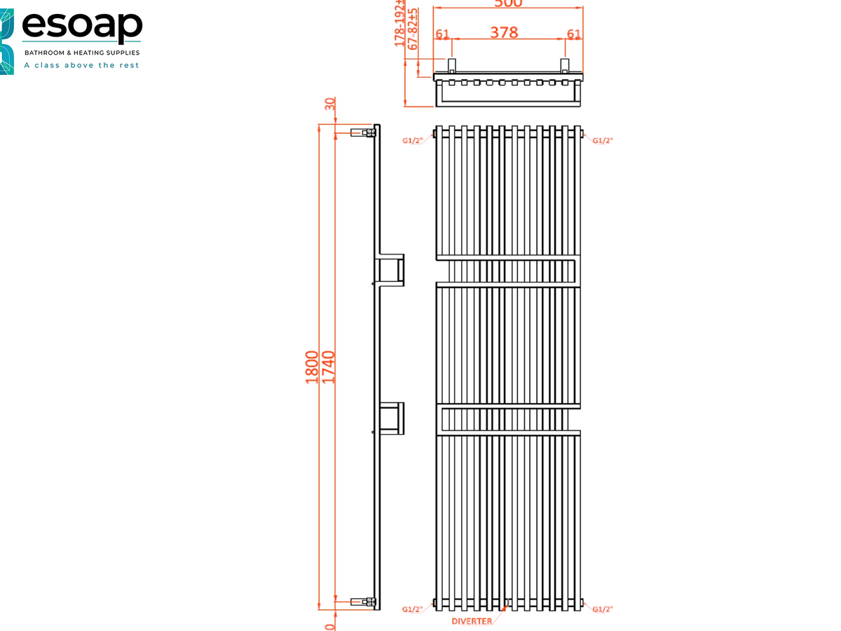 Technical drawing for Reina Grande Designer Radiator with esoap logo