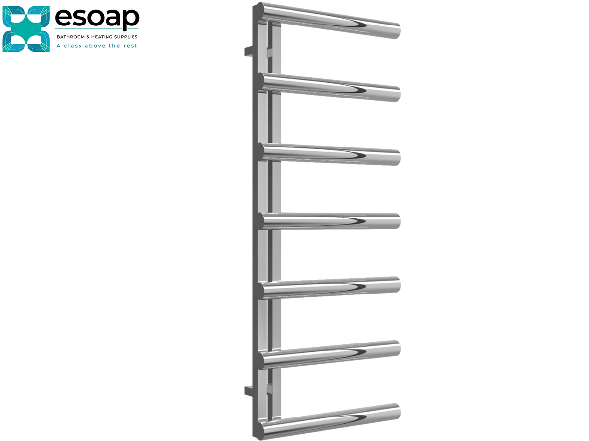 A wall-mounted stainless steel heated towel rail with six horizontal bars, shown on a plain white background. The Esoap brand logo is visible in the top-left corner. Reina Grosso 1250x500 Polished Stainless Steel Designer Radiator