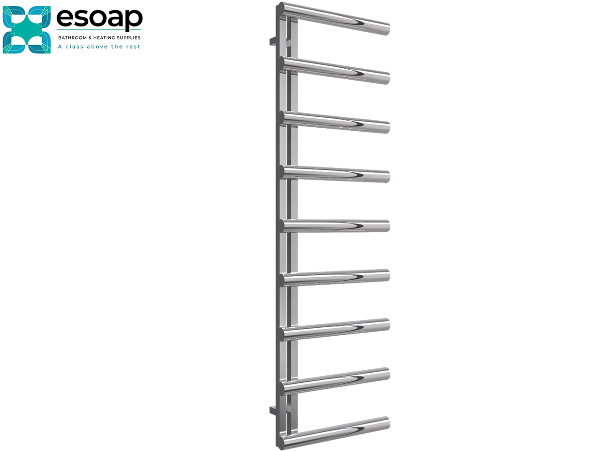 A tall, narrow stainless steel ladder towel rail with eight horizontal bars, shown on a plain white background. The Esoap brand logo is visible in the top-left corner. Reina Grosso 1650x500 Polished Stainless Steel Designer Radiator