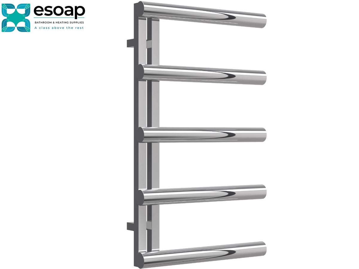 A wall-mounted ladder-style towel rail with five horizontal chrome bars, shown on a plain white background. The Esoap brand logo is visible in the top-left corner. Reina Grosso 850x500 Polished Stainless Steel Designer Radiator