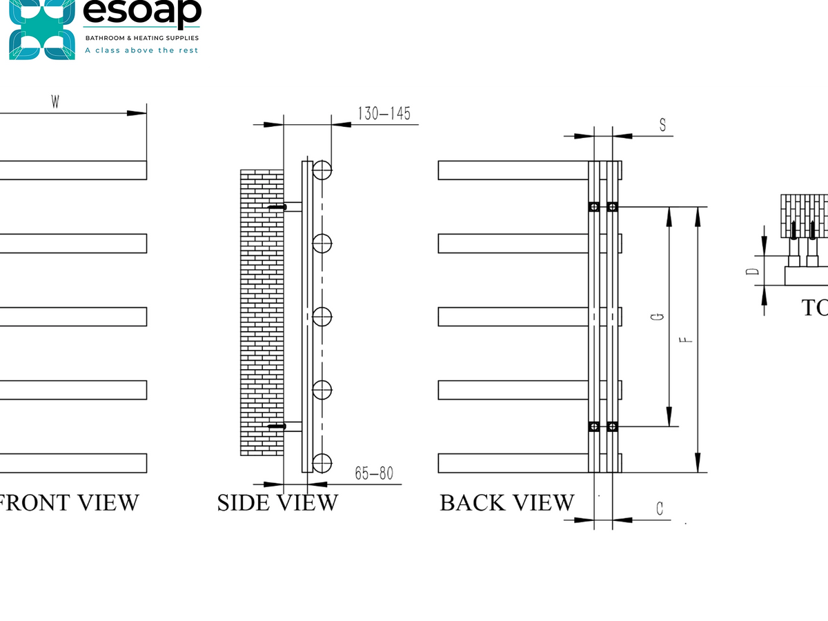 Technical dimension drawing of a bathroom or heating supply panel, showing front, side, and back views with measurements, from Esoap. Reina Grosso Polished Stainless Steel Designer Radiator