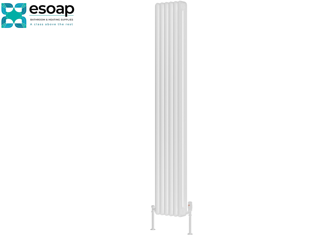 A tall white multi-panel column radiator shown on a plain white background, with the Esoap brand logo in the top-left corner Reina Hedingham Vertical 1800x285 White Designer Radiator