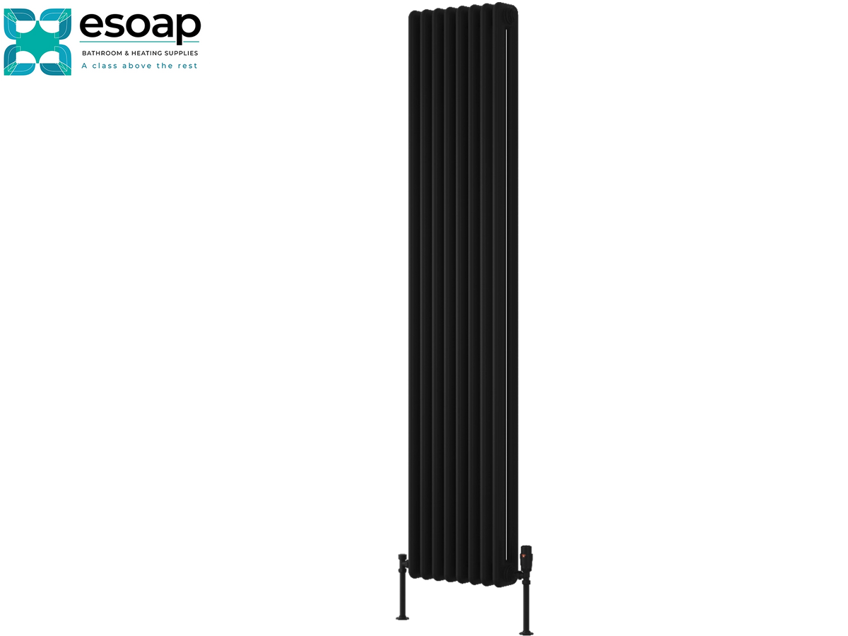 A tall, black multi-panel column radiator with adjustable feet, shown against a plain white background. The Esocoap brand logo is visible in the top-left corner Reina Hedingham Vertical 1800x375 Black Designer Radiator
