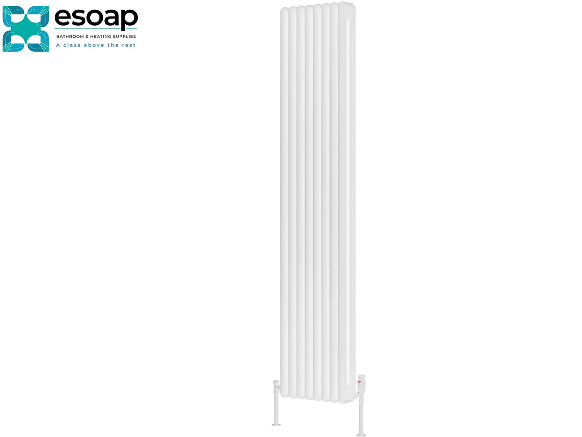 A tall white panel radiator shown on a plain white background, with the Esoap logo in the top-left corner Reina Hedingham Vertical 1800x375 White Designer Radiator