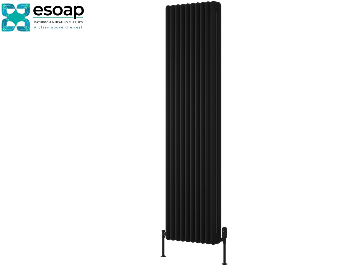 A tall, black vertical panel radiator shown against a plain white background, with the Esoap brand logo in the top-left corner Reina Hedingham Vertical 1800x465 Black Designer Radiator