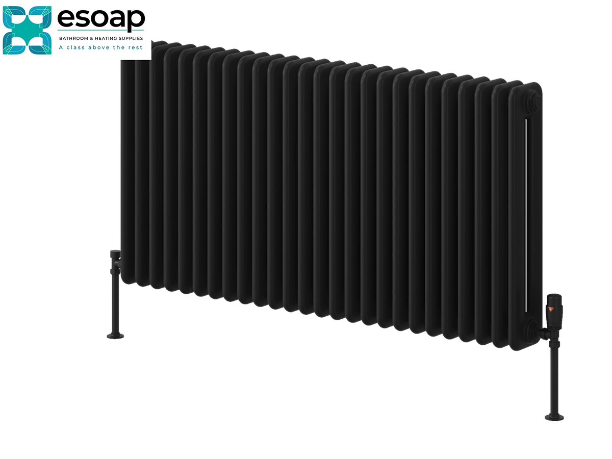 A black cast iron radiators with adjustable support legs, shown against a plain white background with the Esoap brand logo in the top-left corner Reina Hedingham Horizontal 600x1175 Black Designer Radiator