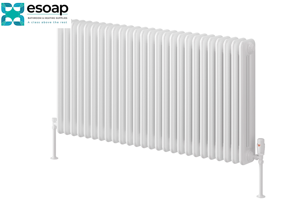 A white cast iron radiators by Esoap, featuring a multi-panel design with vertical fins and a single valve at the bottom right, shown on a white background with the Esoap logo in the top left corner Reina Hedingham Horizontal 600x1175 White Designer Radiator