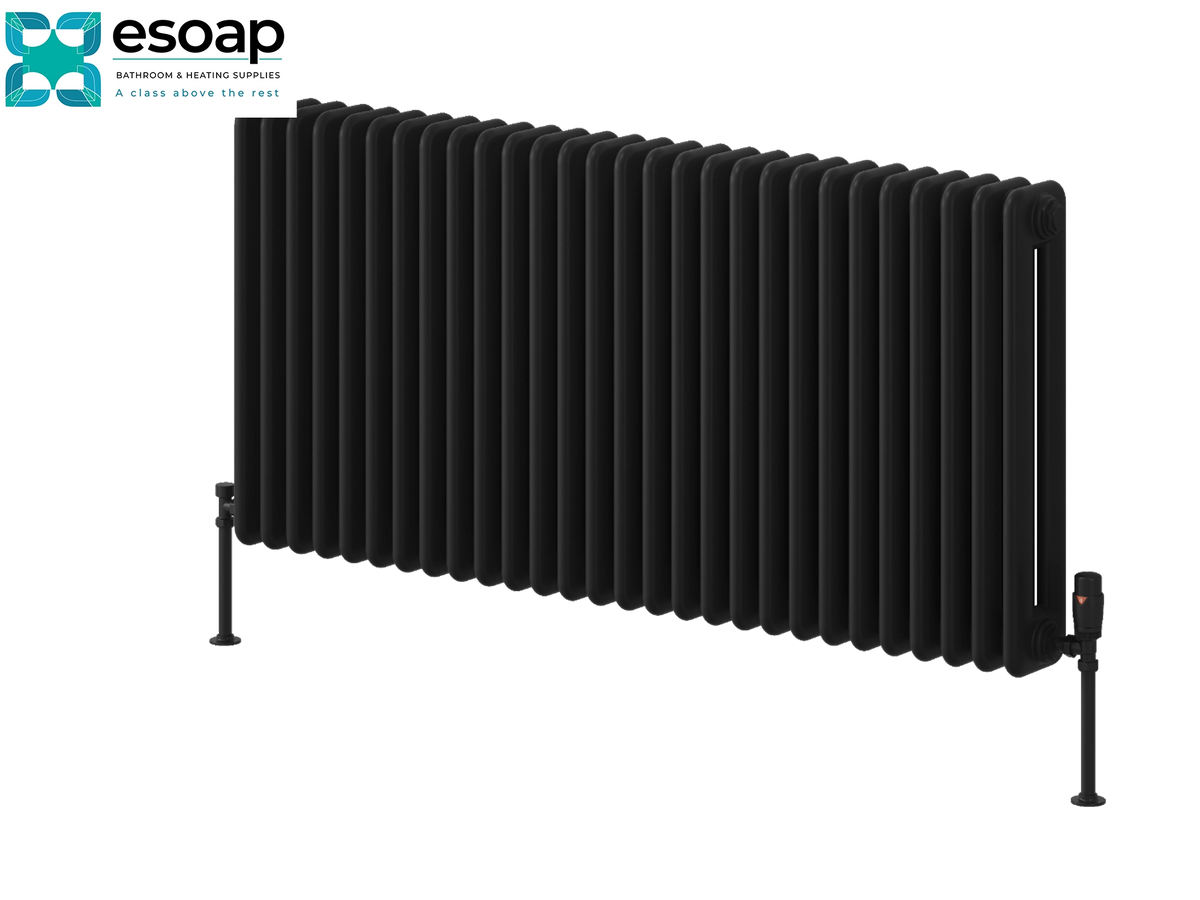 A black cast iron radiators with a vertical ribbed design, supported by two black metal legs, shown against a plain white background with the Esoap brand logo in the top-left corner Reina Hedingham Horizontal 600x1265 Black Designer Radiator