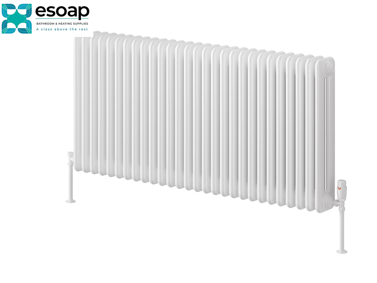 A white cast iron radiators by Esoap, featuring a multi-panel design with a top inlet pipe and a bottom outlet pipe, shown against a plain white background with the Esoap logo in the top-left corner Reina Hedingham Horizontal 600x1265 White Designer Radiator
