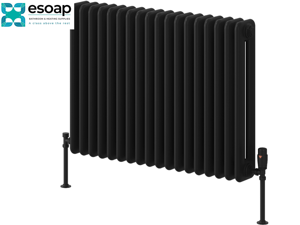 A black multi-panel radiating column radiator with a top valve and bottom floor valve, shown on a white background with an ESOAP logo in the top-left corner Reina Hedingham Horizontal 600x820 Black Designer Radiator